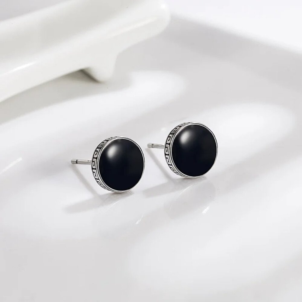 π 6mm Onyx Button Greek Style 18K White Gold Earring Studs π Hypoallergenic - Picture 8 of 8